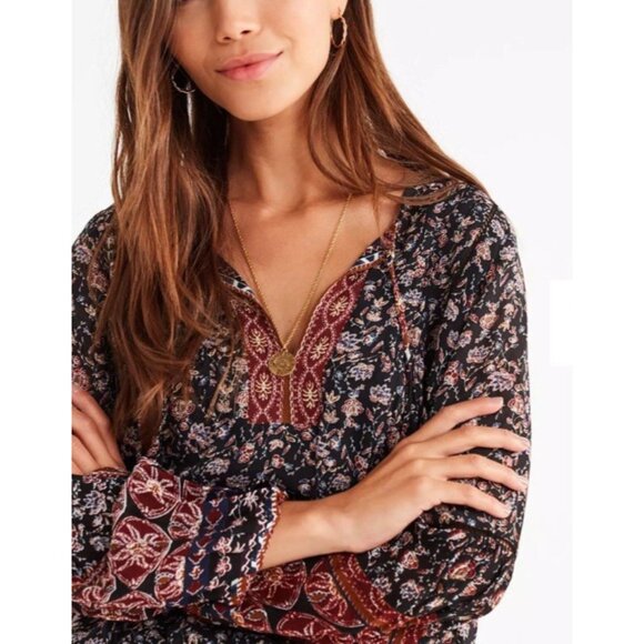 ASTR The Label Balloon Sleeve Printed Tiered Midi Chiffon Dress Brown Sz L #1523 - Picture 4 of 16